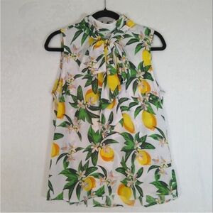 🍋 New York & Company Pin Up Lemon Print Bow Tie-Neck Sleeveless Top Medium